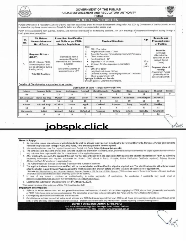 Pera Sargeant Jobs 2025 Advertisement