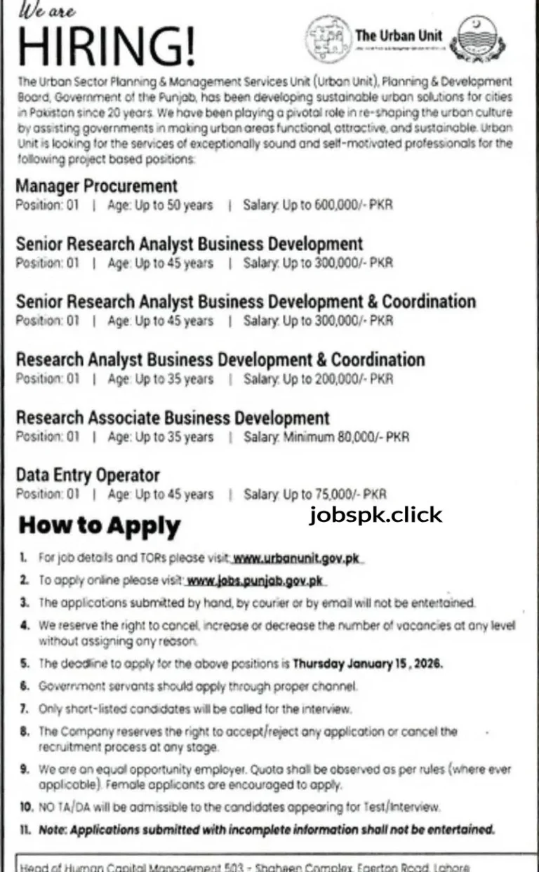 Urban Unit Jobs 2026 Apply Online | Official Punjab Govt 3 Urban Unit Jobs 2026 official advertisement Punjab government