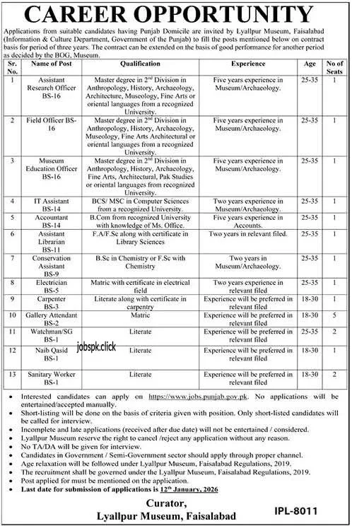 Lyallpur Museum Faisalabad government jobs advertisement 2025
