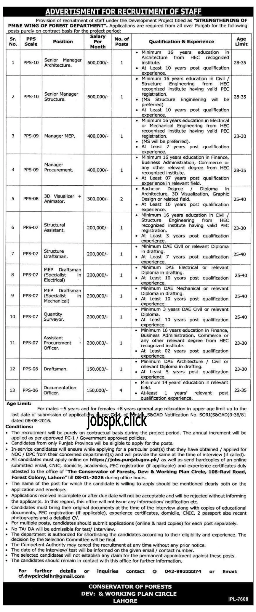 Punjab Forest Department jobs 2025 PM&E Wing advertisement