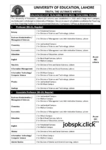 Official Advertisement for University of Education Lahore Faculty and Staff Jobs 2025 