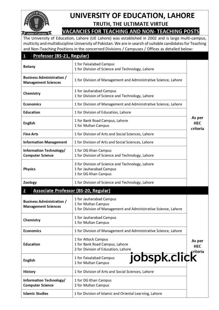 University of Education Jobs 2025 – Apply Online (UE Lahore) 1 Official Advertisement for University of Education Lahore Faculty and Staff Jobs 2025