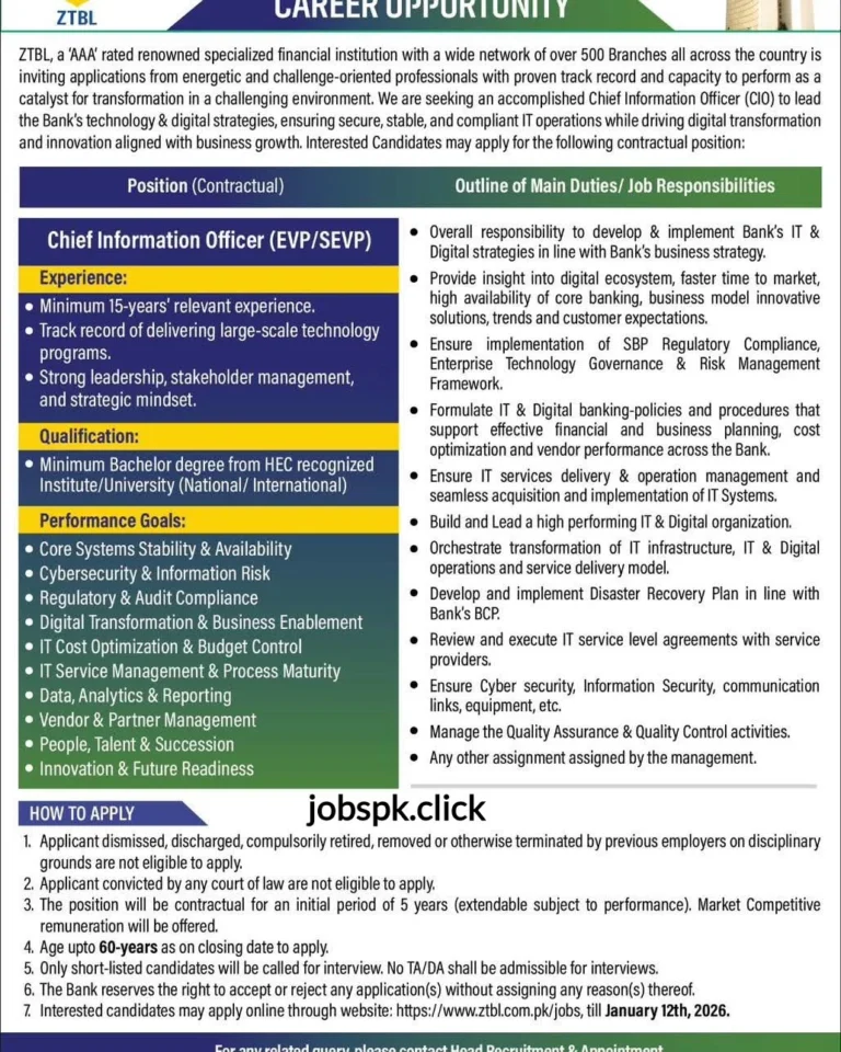 ZTBL Jobs 2025 Chief Information Officer Official Advertisement