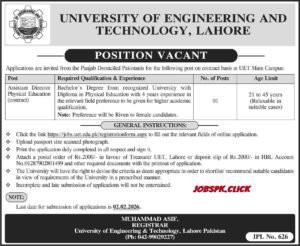 Assistant Director physical Education UET Lahore Jobs 2026 official Advertisement 