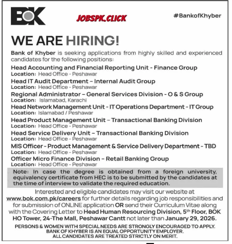 Bank of Khyber Jobs 2026 | BOK Apply Online | Last Date 29 January 2026 4 BOK Jobs 2026 Official Advertisement