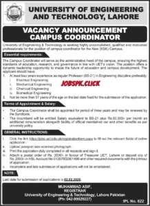 Campus Coordinator UET Lahore Jobs 2026 official Advertisement