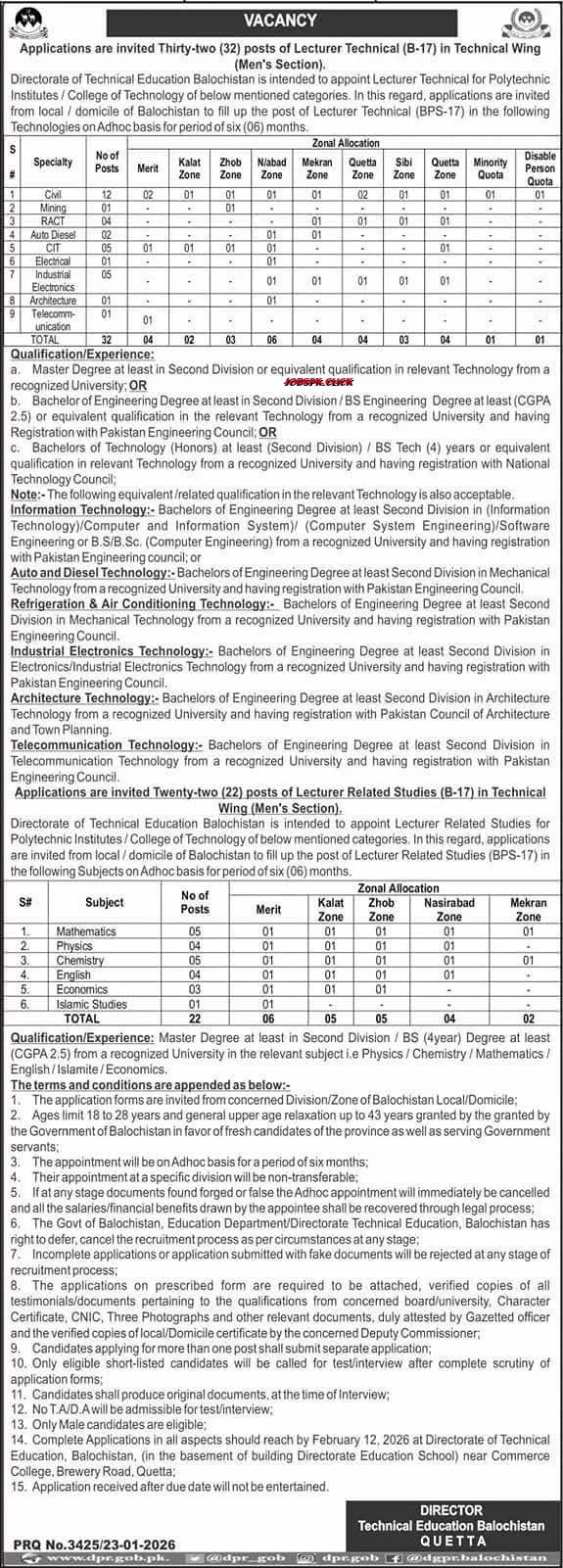 Directorate of Technical Education Balochistan Lecturer Jobs 2026 Official Advertisement