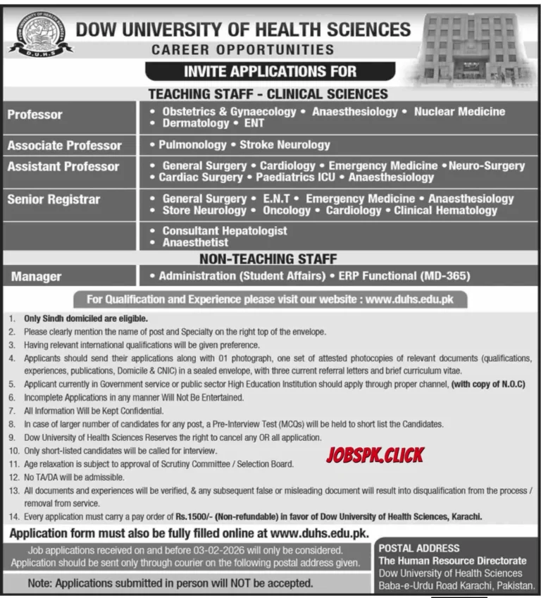 Dow University Of Health Sciences Karachi Jobs 2026 Official Advertisement