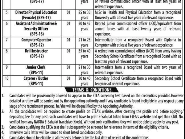 ETEA Girls Cadet College Jobs 2026 Official Advertisement