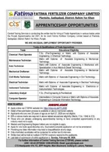 Fatima Fertilizer Apprenticeship Program 2026 official Advertisement