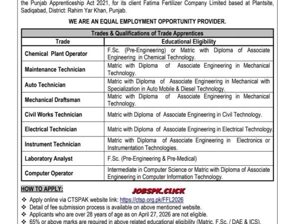 Fatima Fertilizer Apprenticeship Program 2026 official Advertisement
