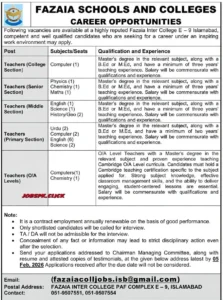 Fazaia College Jobs 2026 Official Advertisement
