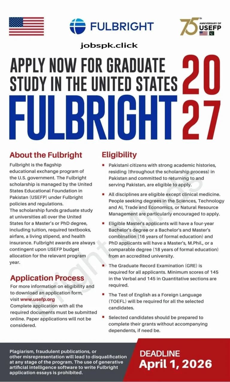 Fulbright Scholarship 2026/2027 Pakistan –Official Advertisement