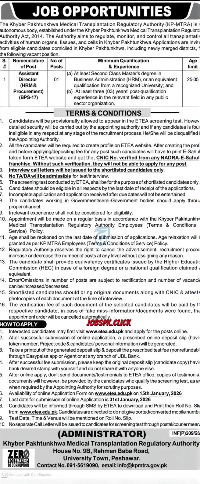 KP MTRA Jobs 2026 | Assistant Director (HRM) BPS-17 | Apply Online via ETEA 1 KP MTRA Jobs 2026 official Advertisement