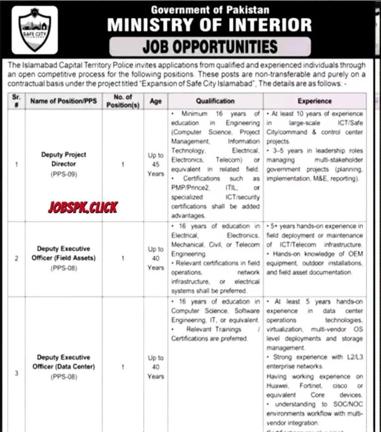 Latest Safe City Islamabad Jobs 2026: Apply Now for Deputy Director & Executive Officer | Ministry of Interior | Last Date 23 Jan 8 Latest Safe City Islamabad Jobs 2026 Official Advertisement