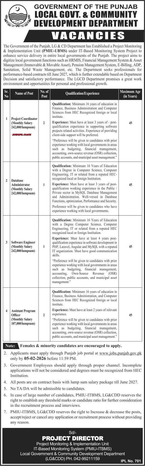 Local Government Punjab Jobs 2026 | PMIU-UBMS Recruitment IPL 701 - Apply Online 1 Punjab Local Government Jobs 2026 Official Advertisement
