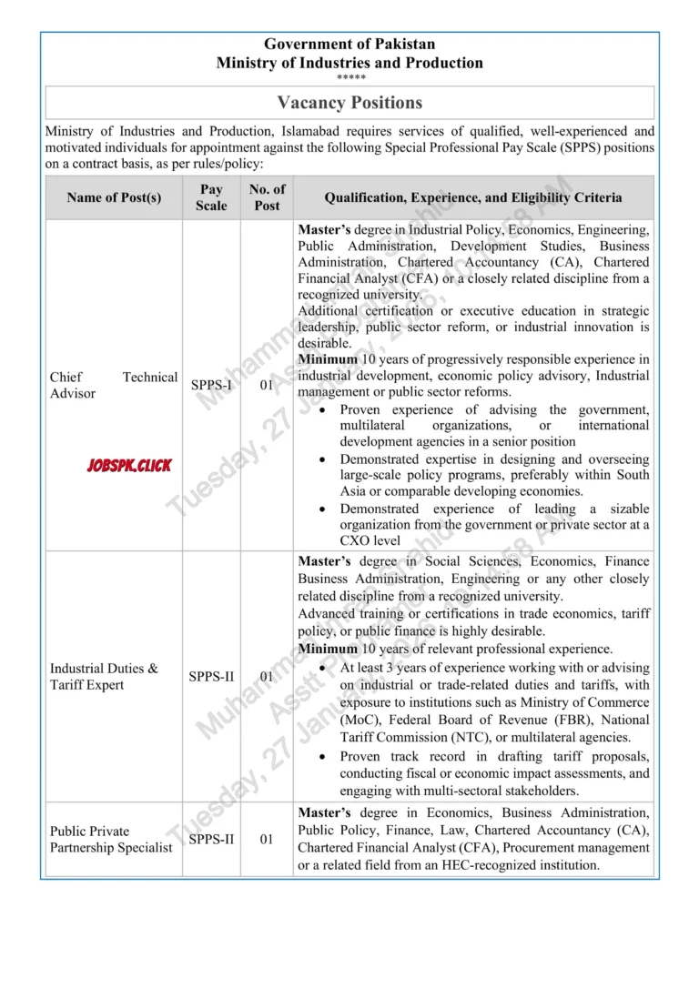 Ministry of Industries and Production (MOIP) Jobs 2026 Official Advertisement