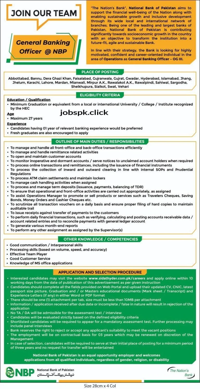 NBP General Banking Officer Jobs 2026 official Advertisement