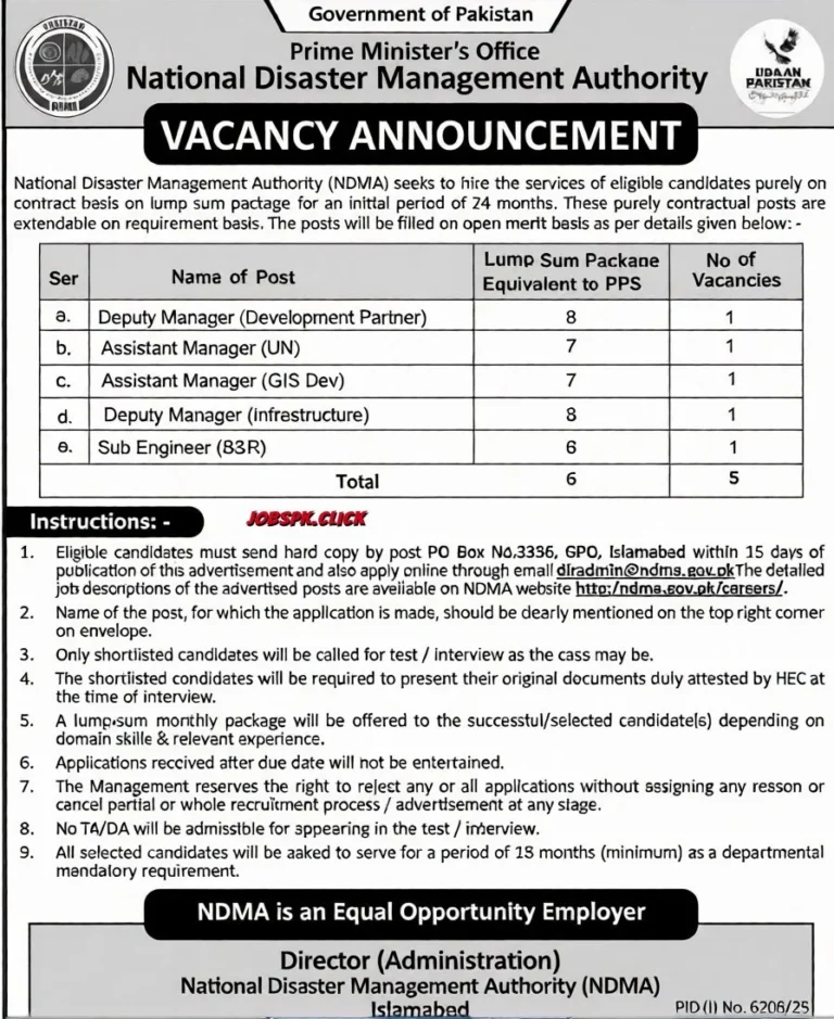 National Disaster Management Authority (NDMA) Jobs 2026 Official Advertisement