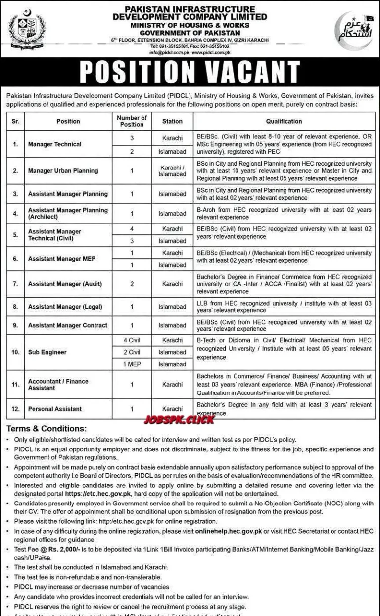 PAKISTAN INFRASTRUCTURE DEVELOPMENT COMPANY LIMITED MINISTRY OF HOUSING & WORKS GOVERNMENT OF PAKISTAN Official Advertisement