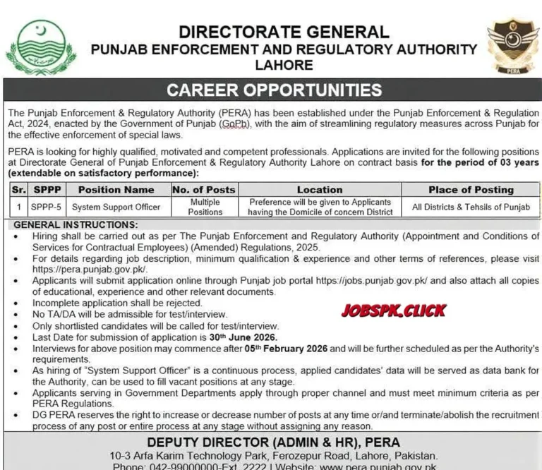 PERA Jobs 2026 System Support Officer official Advertisement
