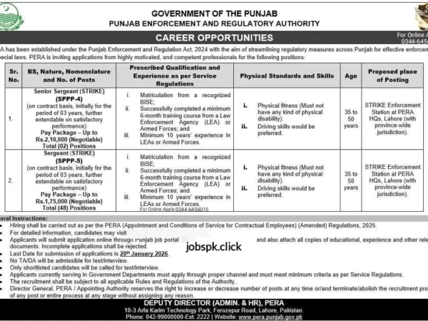 PERA Jobs 2026 official advertisement Senior Sergeant Sergeant