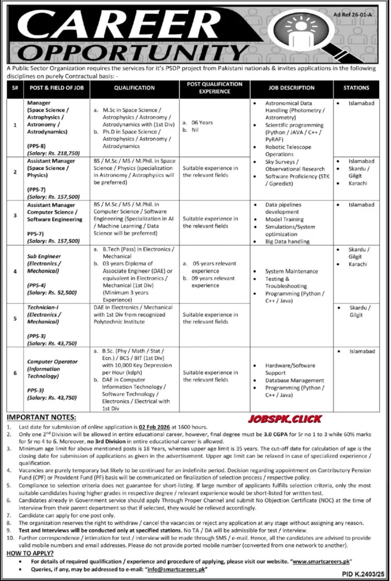 Latest PSDP Space Science(SUPARCO) Jobs 2026 – 6 Posts | Salary up to Rs. 218K | Apply by Feb 2 1 PSDP Space ScienceSUPARCO Jobs 2026 Official Advertisement001