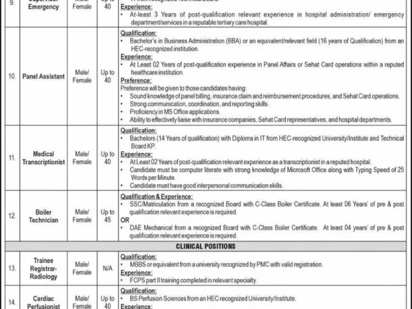 Peshawar Institute of Cardiology (PIC-MTI) Jobs 2026 Official Advertisement