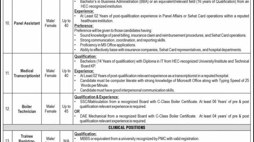 Peshawar Institute of Cardiology (PIC-MTI) Jobs 2026 Official Advertisement