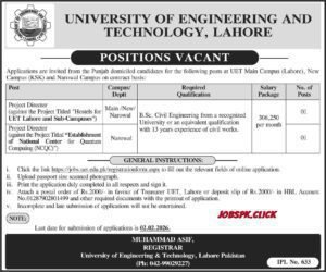 Project director UET Lahore Jobs 2026 official Advertisement 