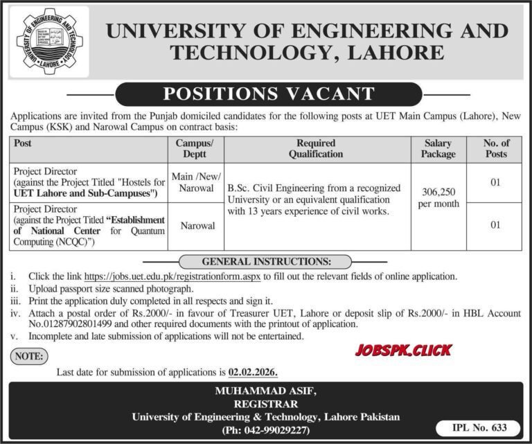 Project director UET Lahore Jobs 2026 official Advertisement