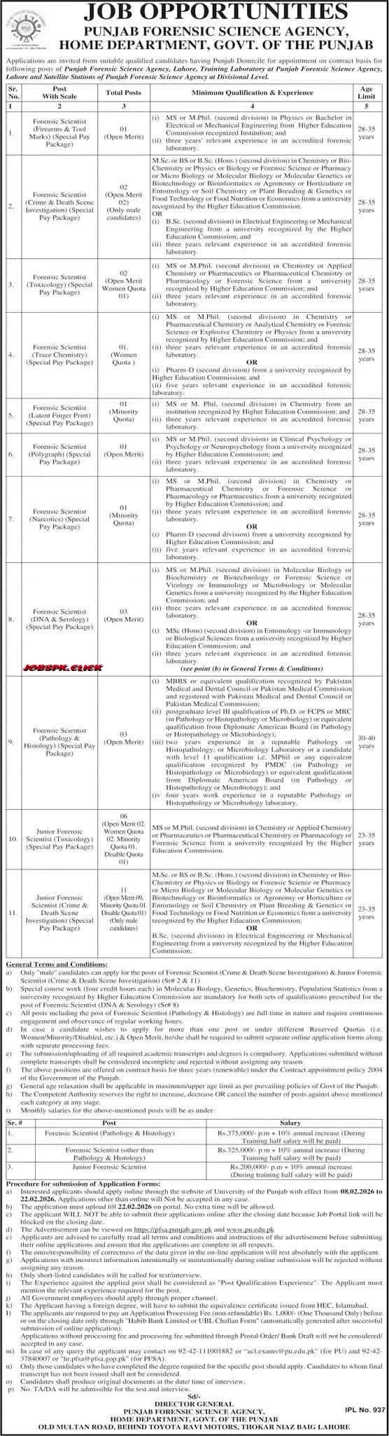 Punjab Forensic Science AgencyJobs 2026 Official Advertisement