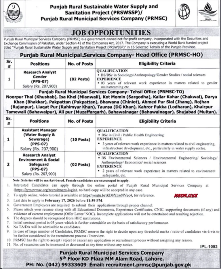 Punjab Rural Municipal Services Company (PRMSC) Jobs 2026 Official Advertisement