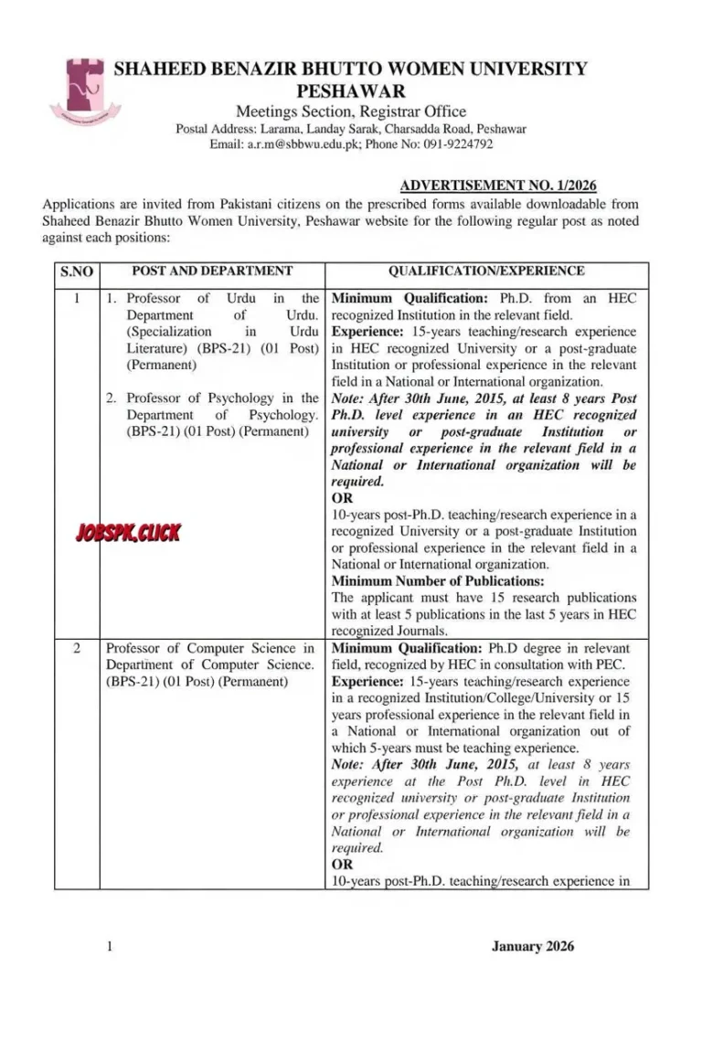 Shaheed Benazir Bhutto Women University Peshawar (SBBWU) Jobs 2026 - 27+ Posts | Apply Now 1 Shaheed Benazir Bhutto Women University Peshawar (SBBWU) Jobs 2026 Official Advertisement