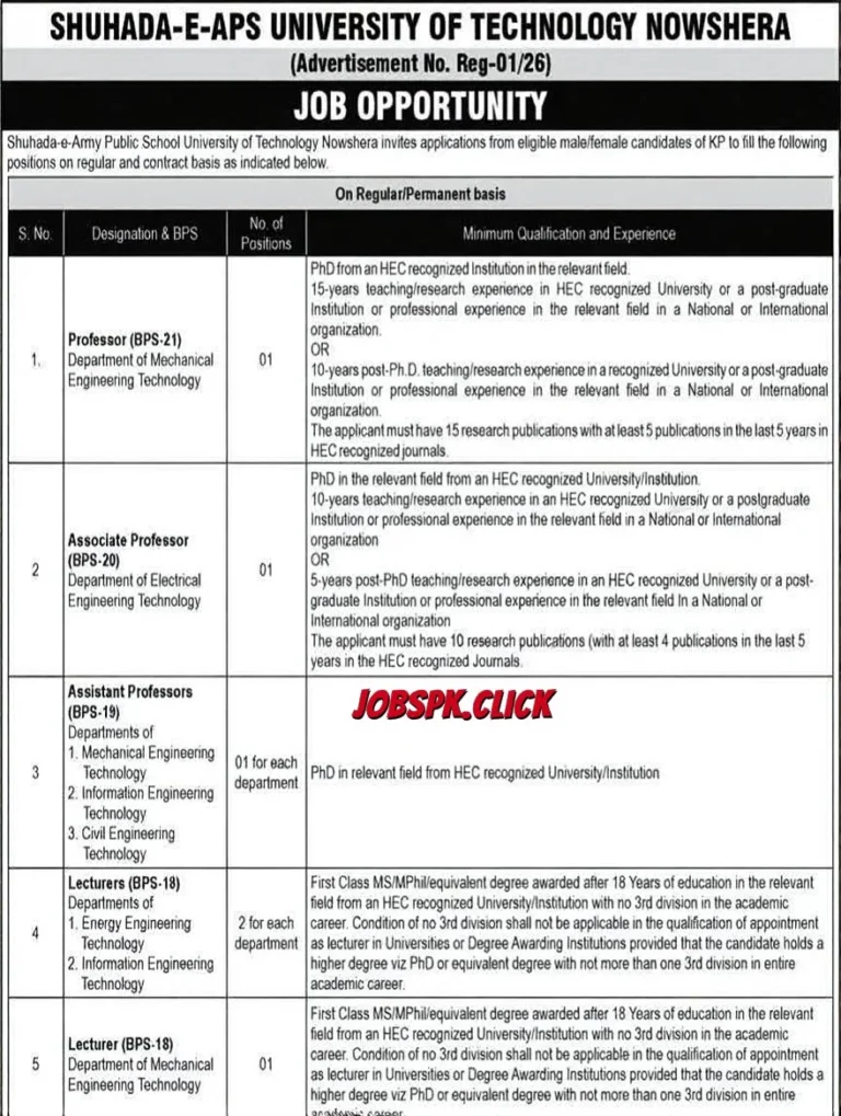 Shuhada-e-APS University of Technology Nowshera Faculty Jobs 2026 official Advertisement