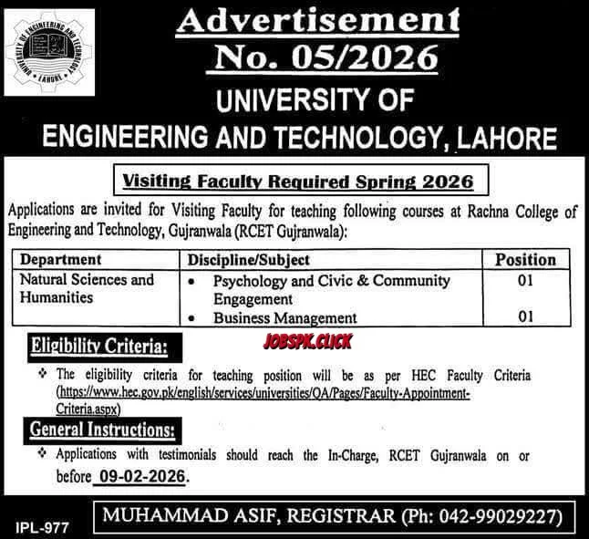 UET Advertisement No.05/2026 – Visiting Faculty