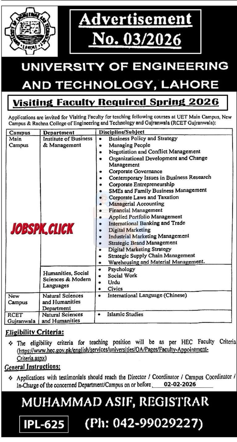 UET Lahore Jobs 2026 Official Advertisement