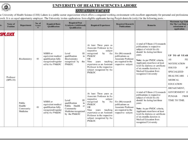 University of Health Sciences Lahore (UHS) Jobs 2026 Official Advertisement
