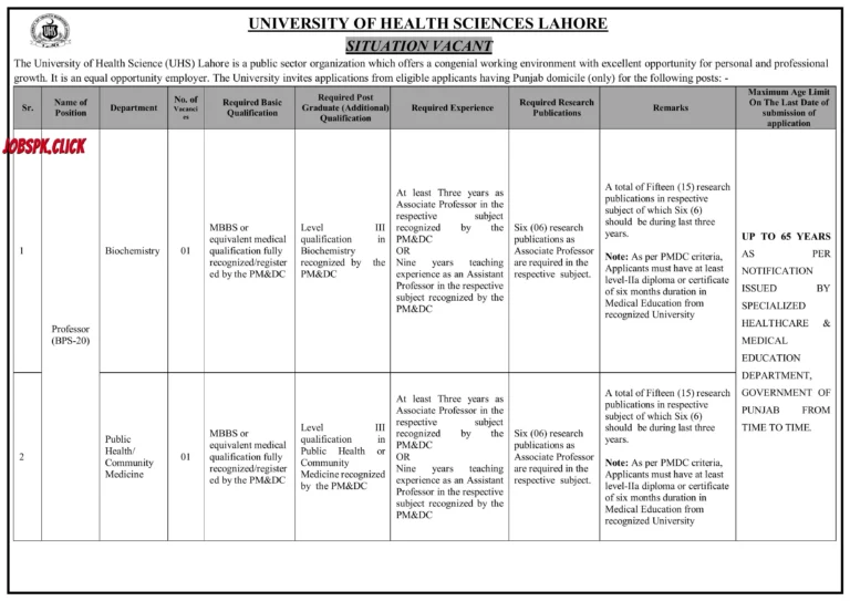 University of Health Sciences Lahore (UHS) Jobs 2026 Official Advertisement