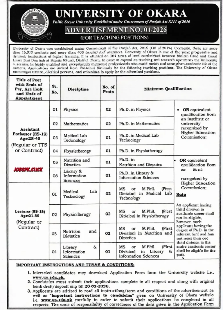 University of Okara Jobs Advertisement No.01/2026