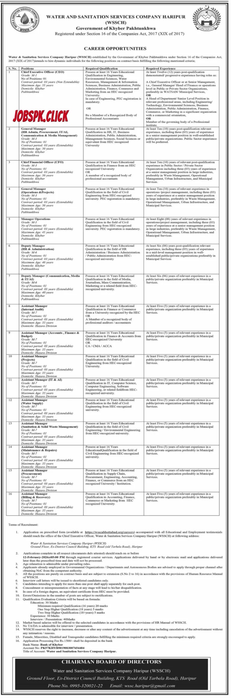 Water and Sanitation Services Company Haripur (WSSCH) Jobs 2026 Official Advertisement