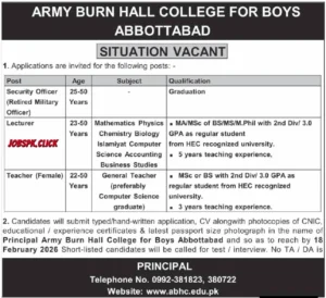 Army Burn Hall College for Boys Abbottabad Jobs 2026 Official Advertisement