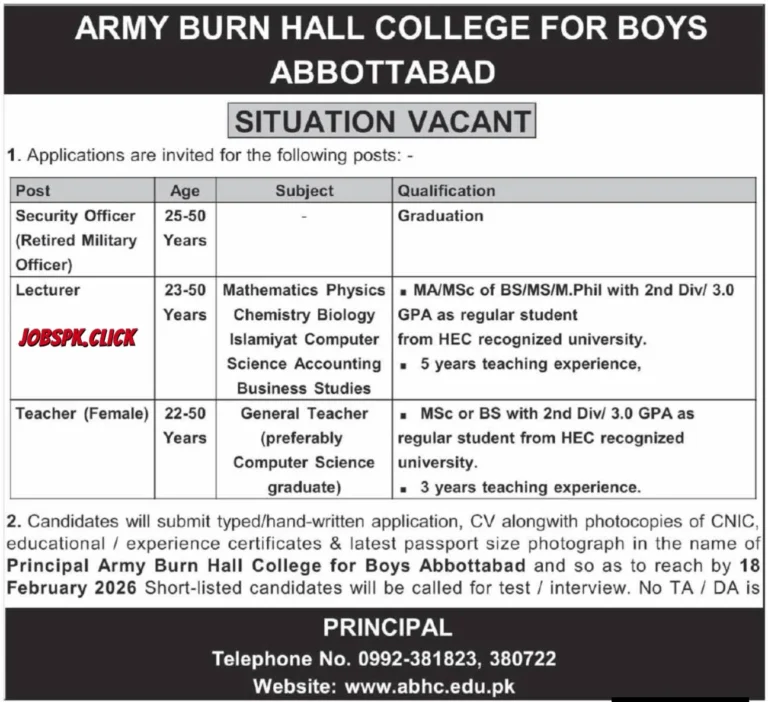 Army Burn Hall College for Boys Abbottabad Jobs 2026 | Multiple Vacancies | Apply Now 9 Army Burn Hall College for Boys Abbottabad Jobs 2026 Official Advertisement