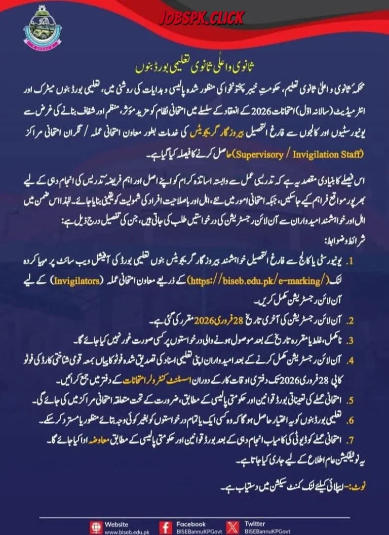 BISE Bannu Invigilating Staff Registration 2026 Official Advertisement