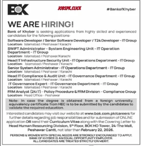 Bank of Khyber (BOK) IT Jobs 2026 Official Advertisement