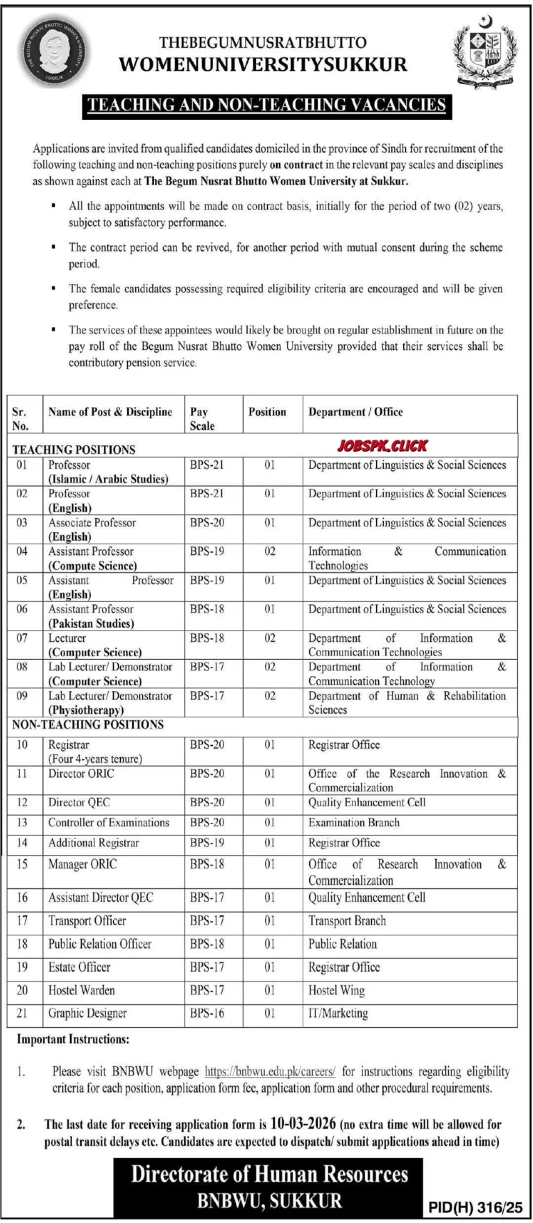 Begum Nusrat Bhutto Women University (BNBWU) Jobs 2026 Official Advertisement