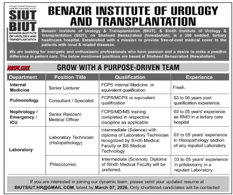 Benazir Institute of Urology & Transplantation (BIUT) February Jobs 2026 Official Advertisement