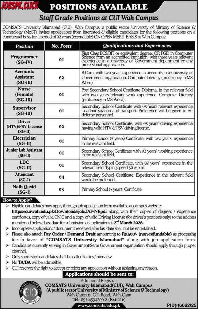 COMSATS University Islamabad (CUI) Wah Campus Jobs 2026 Official Advertisement