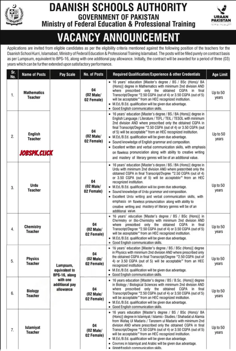 Daanish School Islamabad Teaching Jobs 2026 | 52+ Government Vacancies | Apply Online via NJP Portal 10 Daanish School Islamabad Teaching Jobs 2026 Official Advertisement