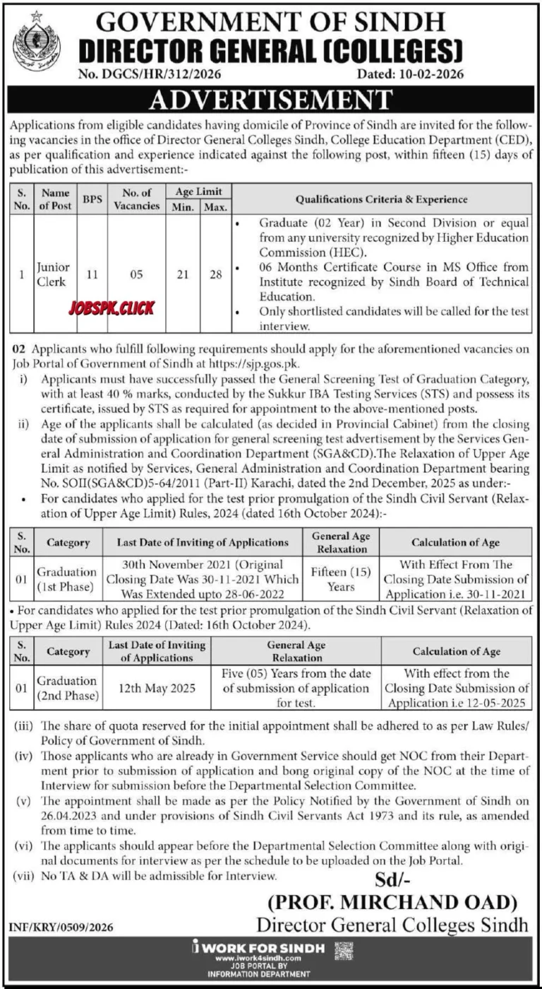 Director General Colleges Sindh Junior Clerk Jobs 2026 Official Advertisement
